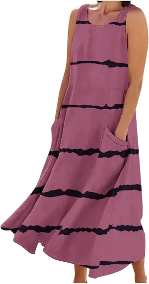Aymnlox Womens Plus Size Summer Dress Strap Sleeveless Casual Long Sundress Elegant Ruffle Hem Striped Graphic Dresses