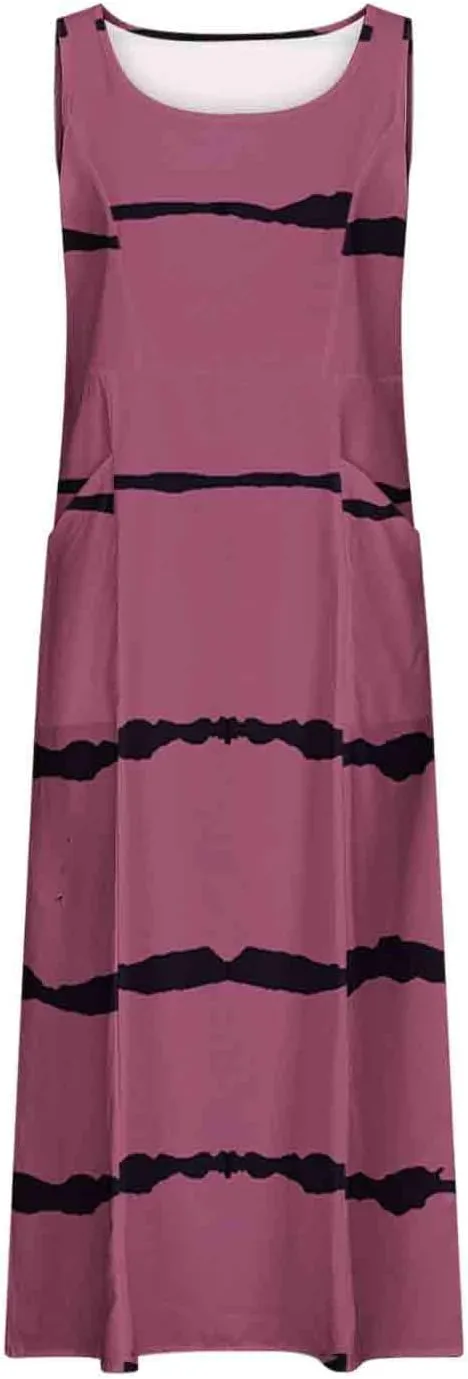 Aymnlox Womens Plus Size Summer Dress Strap Sleeveless Casual Long Sundress Elegant Ruffle Hem Striped Graphic Dresses