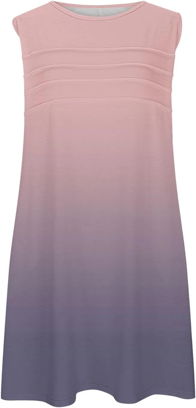 Beach Dress for Women Casual Sleeveless Gradient Color Sundress Loose Fit Round Neck Pleated Vacation Dresses
