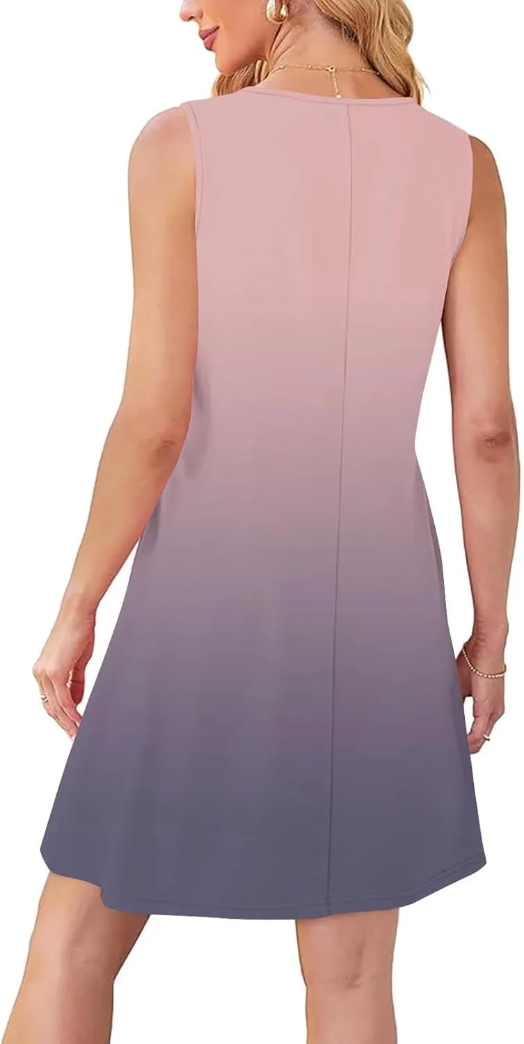 Beach Dress for Women Casual Sleeveless Gradient Color Sundress Loose Fit Round Neck Pleated Vacation Dresses