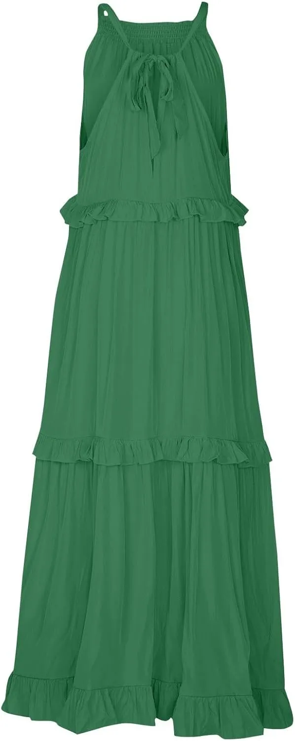 Beach Dresses for Women 2025 Vacation Halter Summer Long Dress Tiered Ruffle Flowy Swing Elegant Boho Sundress