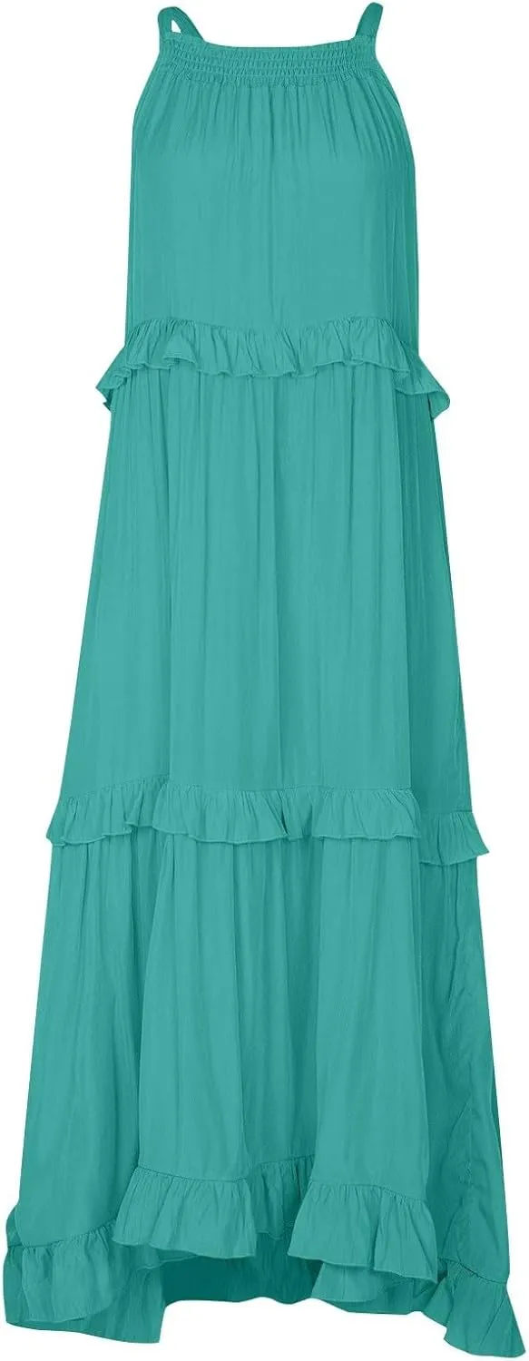 Beach Dresses for Women 2025 Vacation Halter Summer Long Dress Tiered Ruffle Flowy Swing Elegant Boho Sundress