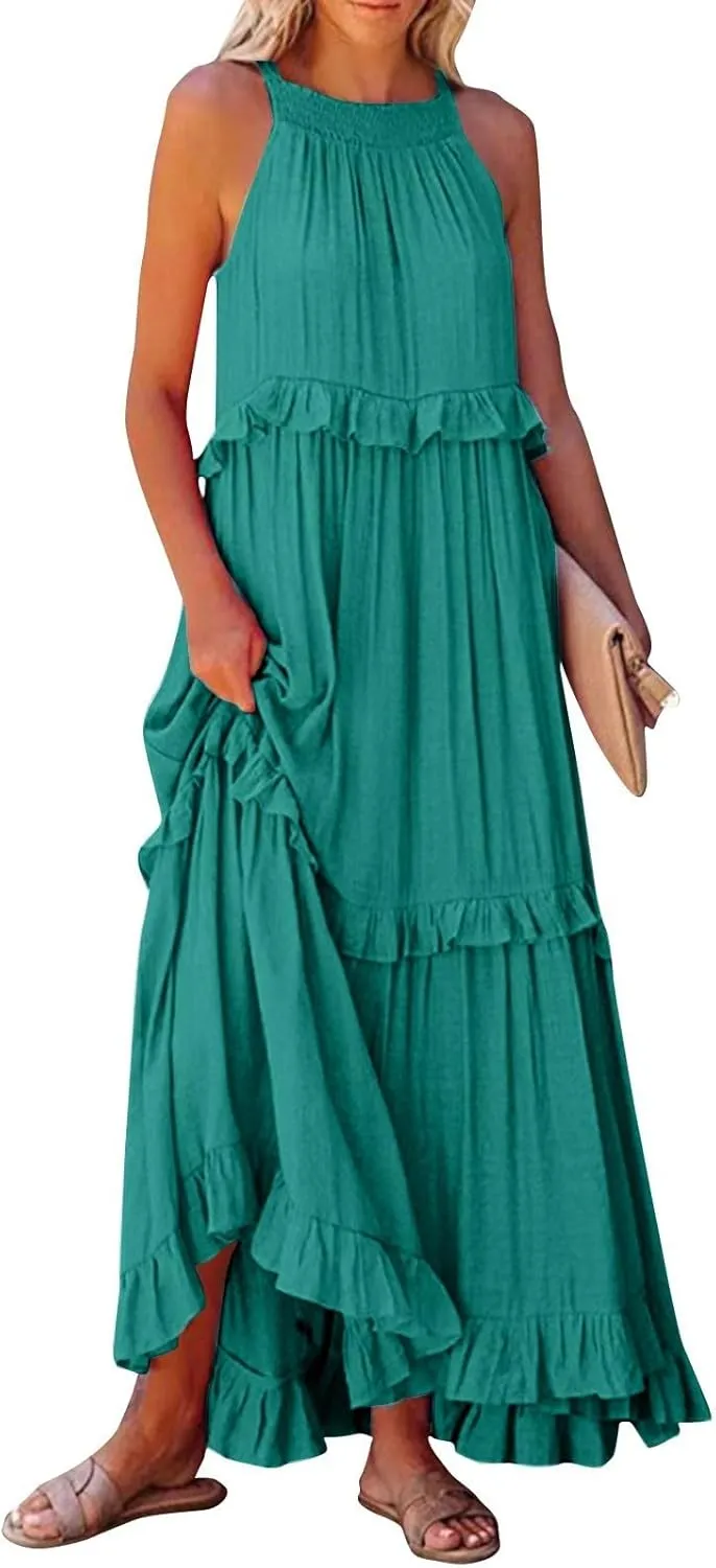 Beach Dresses for Women 2025 Vacation Halter Summer Long Dress Tiered Ruffle Flowy Swing Elegant Boho Sundress