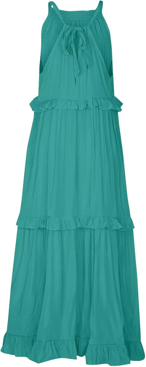 Beach Dresses for Women 2025 Vacation Halter Summer Long Dress Tiered Ruffle Flowy Swing Elegant Boho Sundress