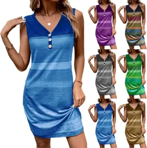 Binmer Women Summer Dresses Sleeveless Casual Loose Swing Button Down V Neck Midi Dress Vintage Colorblock Sundress Plus Size