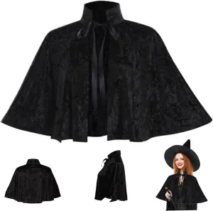 Black Cape for Women, Gothic Lolita Medieval Shawl Cloak with Tie Strap, Halloween Soft Short Medieval Cowl Black Cloak for Pagan Cosplay