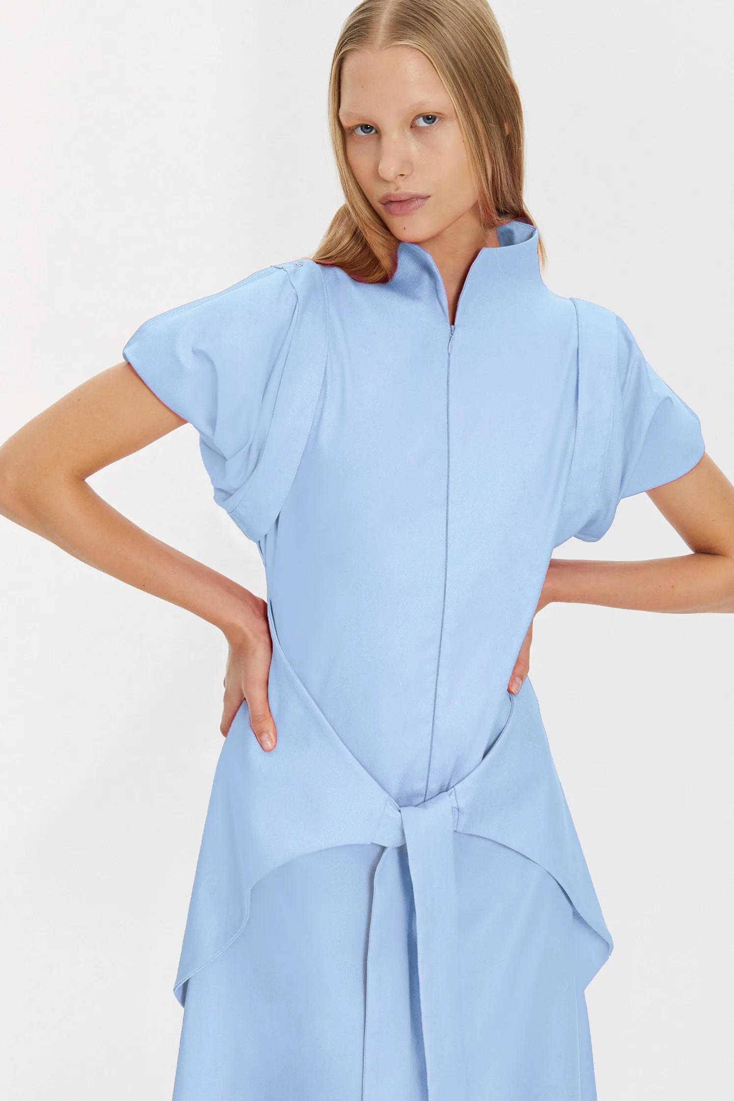 Blue Kimono Sleeve High Neck Asymmetrical Belted Futuristic Maxi Dress