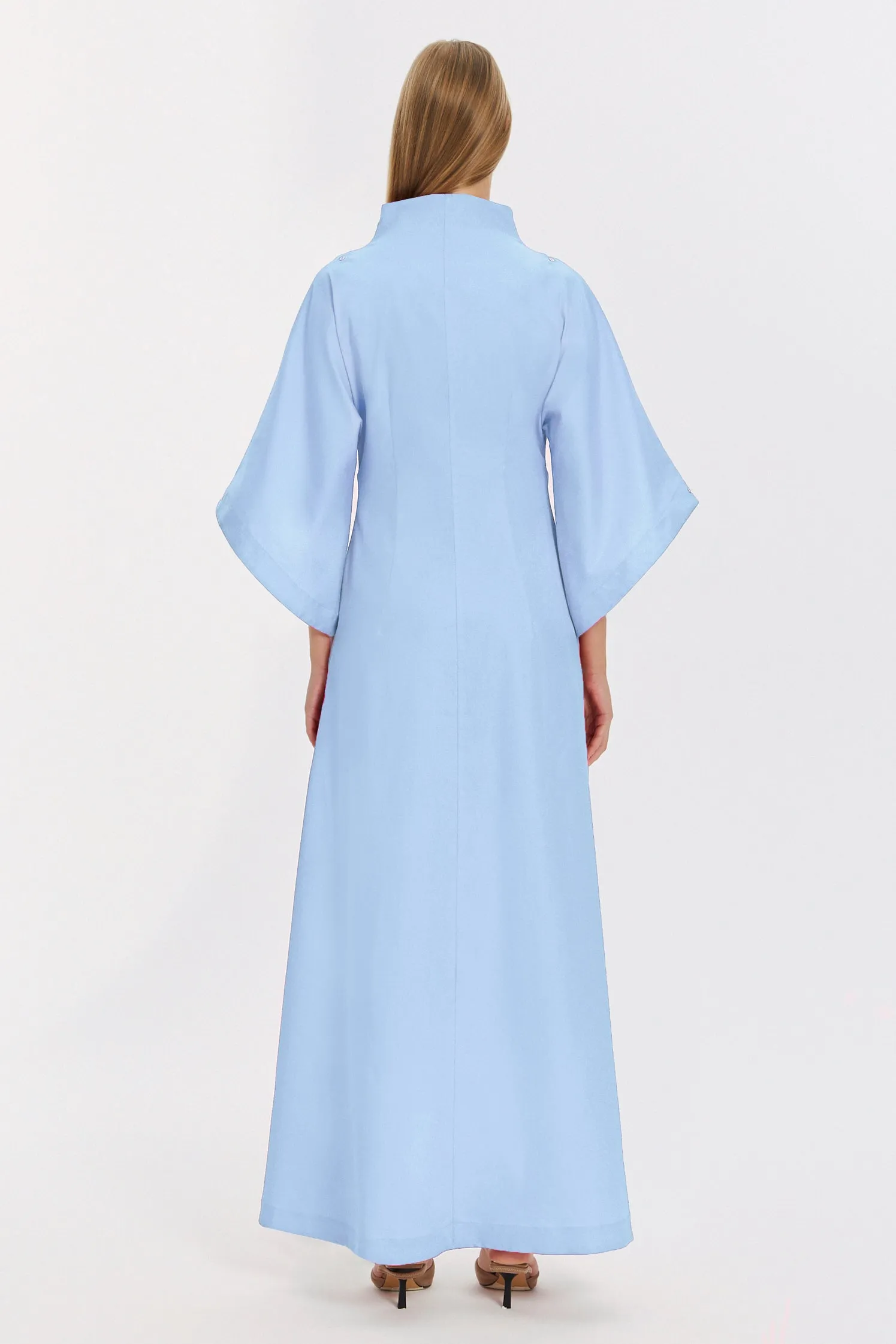 Blue Kimono Sleeve High Neck Asymmetrical Belted Futuristic Maxi Dress