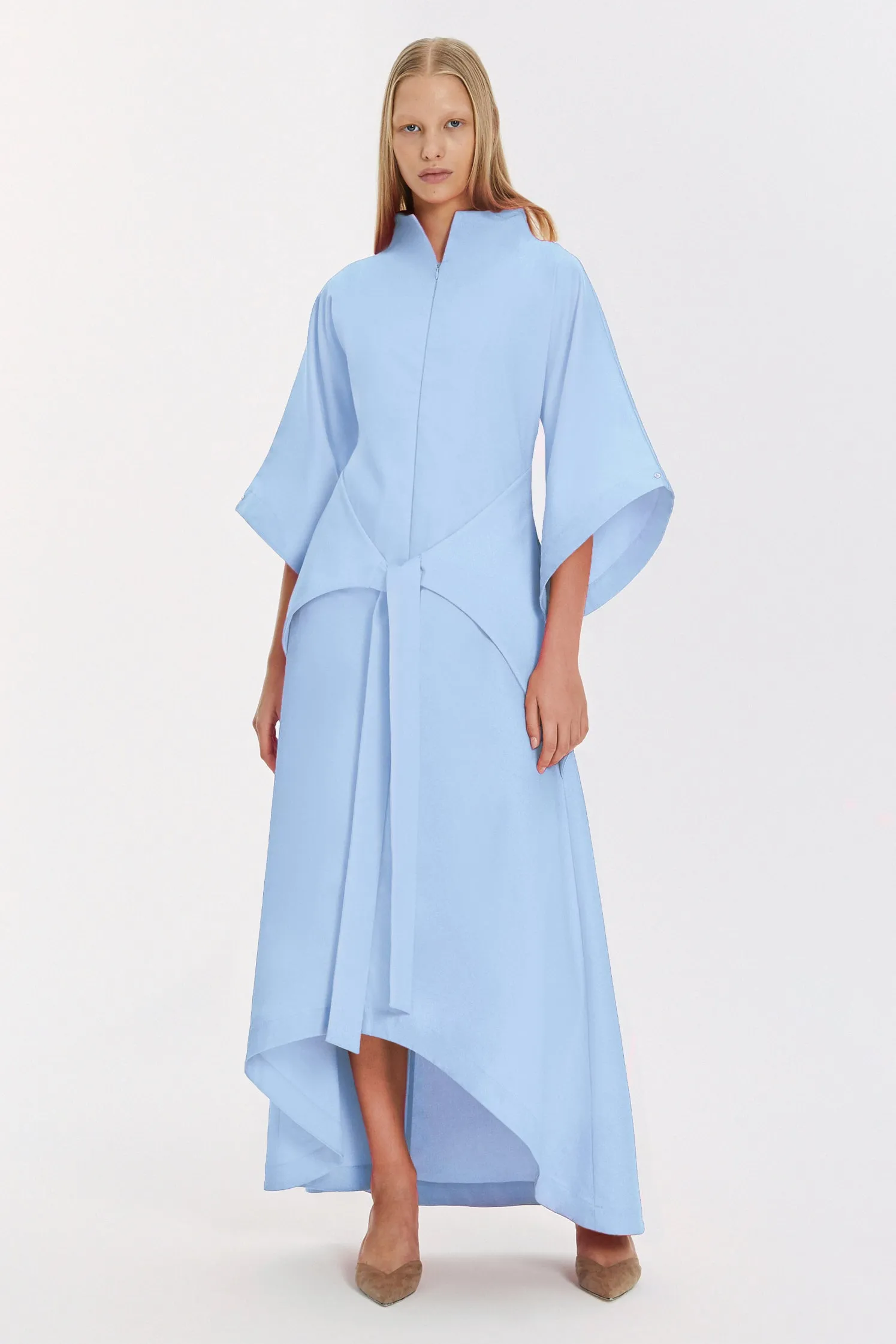 Blue Kimono Sleeve High Neck Asymmetrical Belted Futuristic Maxi Dress