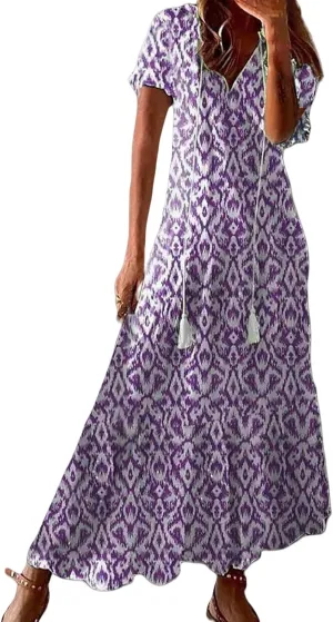 Boho Floral Dress for Women Summer Casual V Neck Ruffle Maxi A Line Flowy Beach Dress Wedding Guest Dresses
