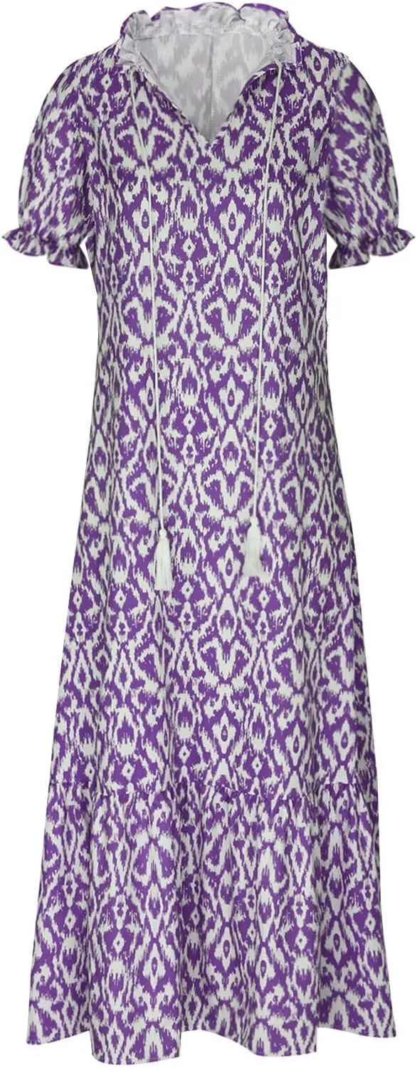 Boho Floral Dress for Women Summer Casual V Neck Ruffle Maxi A Line Flowy Beach Dress Wedding Guest Dresses