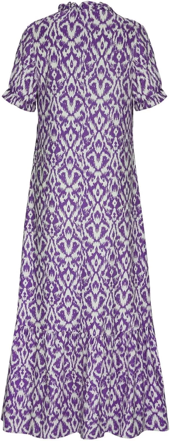 Boho Floral Dress for Women Summer Casual V Neck Ruffle Maxi A Line Flowy Beach Dress Wedding Guest Dresses