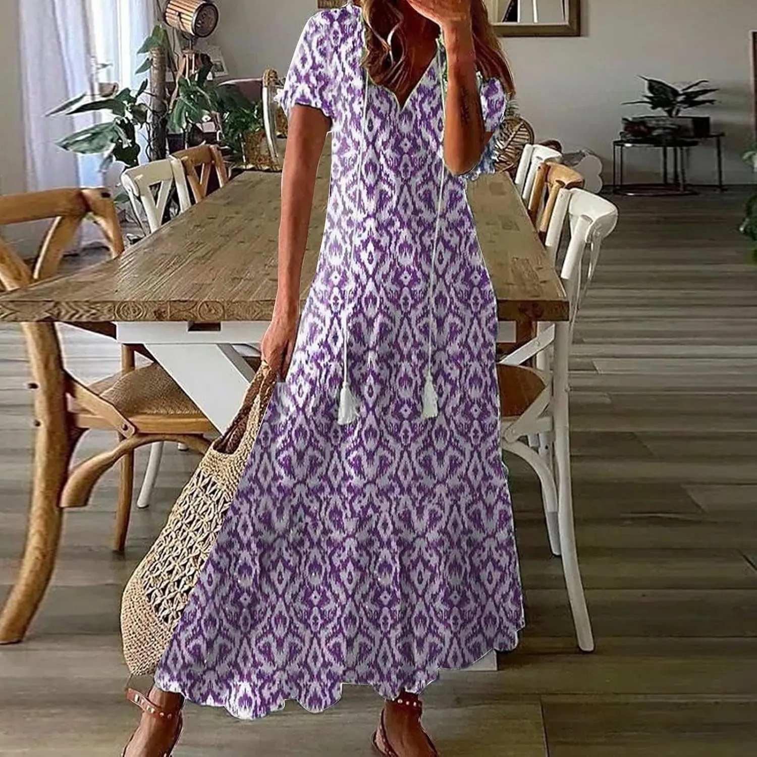 Boho Floral Dress for Women Summer Casual V Neck Ruffle Maxi A Line Flowy Beach Dress Wedding Guest Dresses