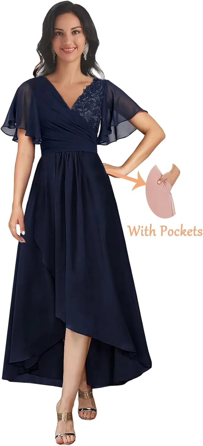 BONOYUER Mother of The Bride Dresses for Wedding Lace Applique V Neck Chiffon Long Formal Evening Gown with Sleeves
