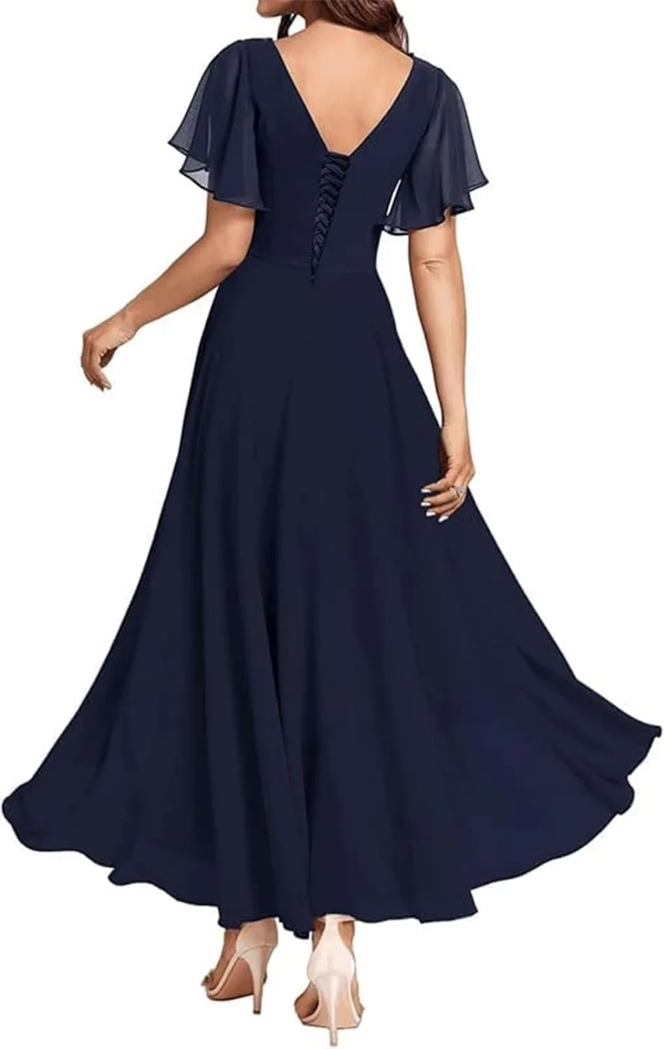 BONOYUER Mother of The Bride Dresses for Wedding Lace Applique V Neck Chiffon Long Formal Evening Gown with Sleeves