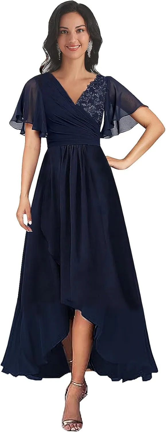 BONOYUER Mother of The Bride Dresses for Wedding Lace Applique V Neck Chiffon Long Formal Evening Gown with Sleeves