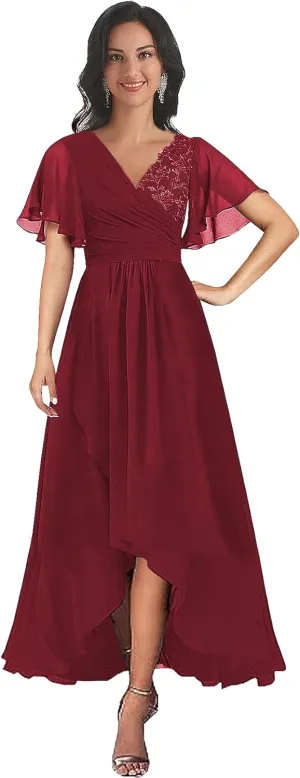 BONOYUER Mother of The Bride Dresses for Wedding Lace Applique V Neck Chiffon Long Formal Evening Gown with Sleeves