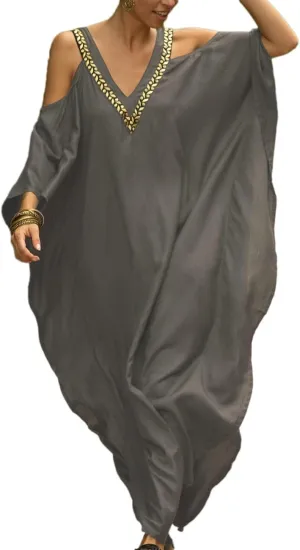 Bsubseach Turkish Cold Shoulder Kaftan Dresses Swimsuit Cover Up Maxi Dress Beach Cover Ups