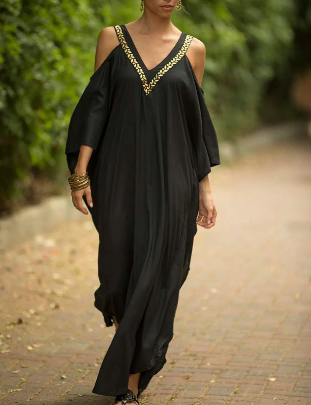 Bsubseach Turkish Cold Shoulder Kaftan Dresses Swimsuit Cover Up Maxi Dress Beach Cover Ups