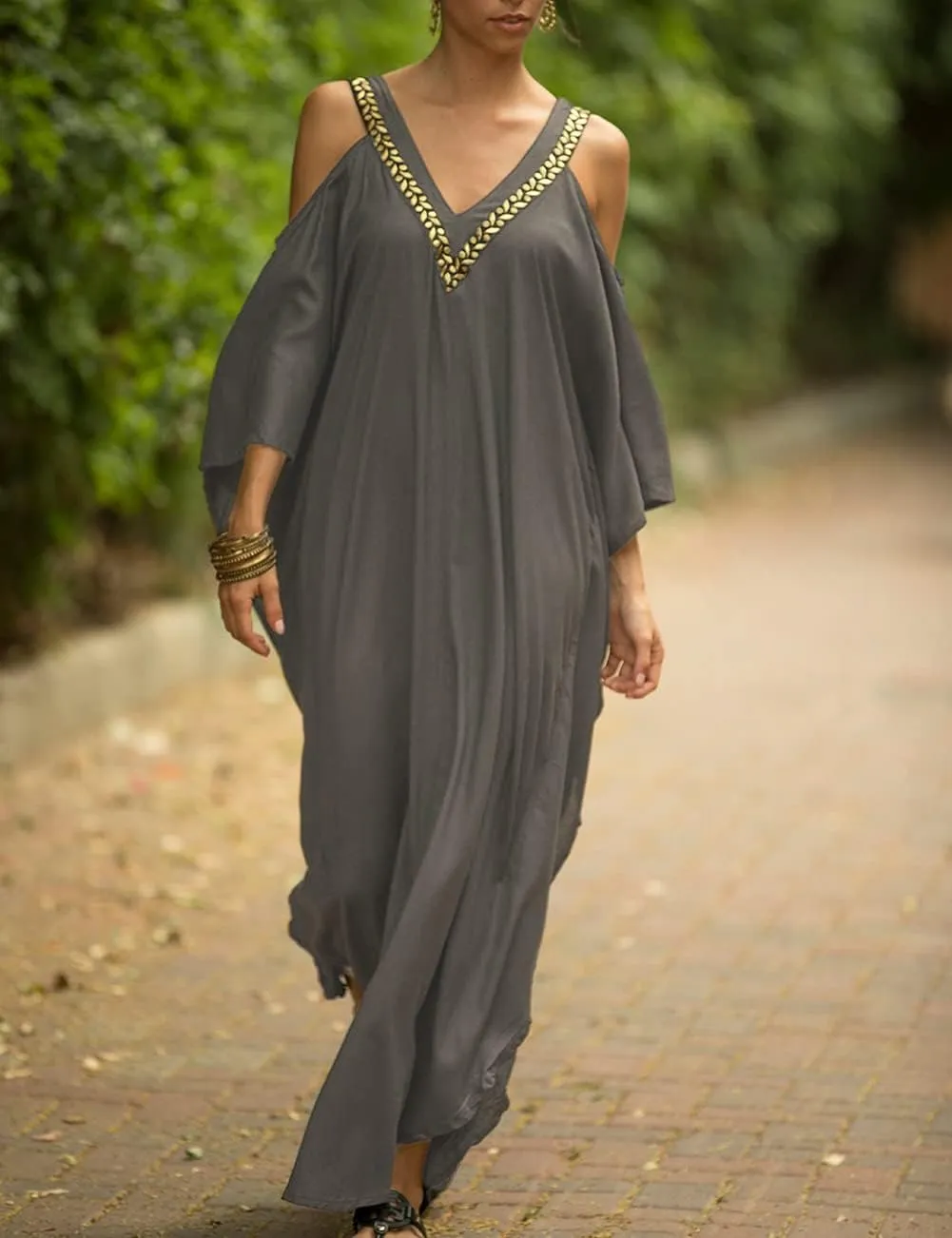 Bsubseach Turkish Cold Shoulder Kaftan Dresses Swimsuit Cover Up Maxi Dress Beach Cover Ups