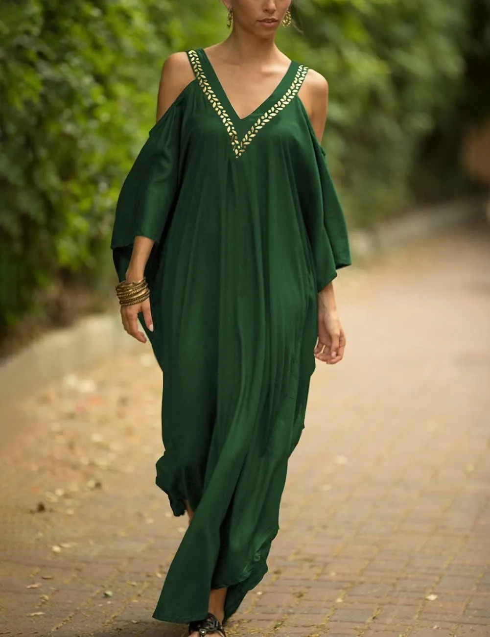 Bsubseach Turkish Cold Shoulder Kaftan Dresses Swimsuit Cover Up Maxi Dress Beach Cover Ups