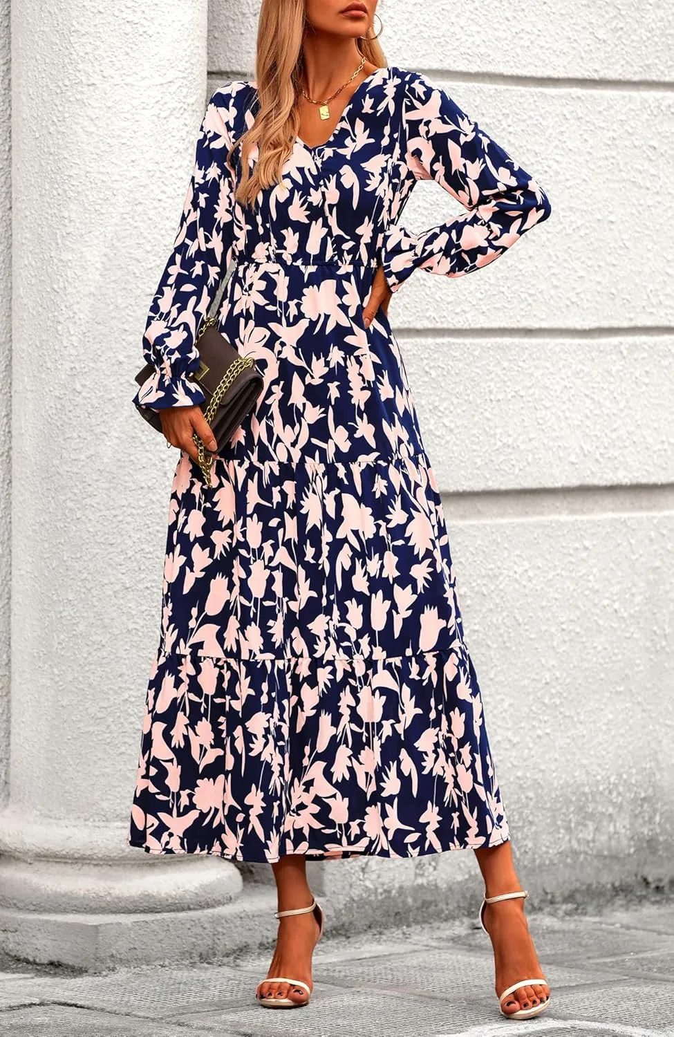 BTFBM Women Spring Dresses 2025 Casual Long Sleeve V Neck Maxi Dresses Floral Boho Long Dress Wedding Guest Dress