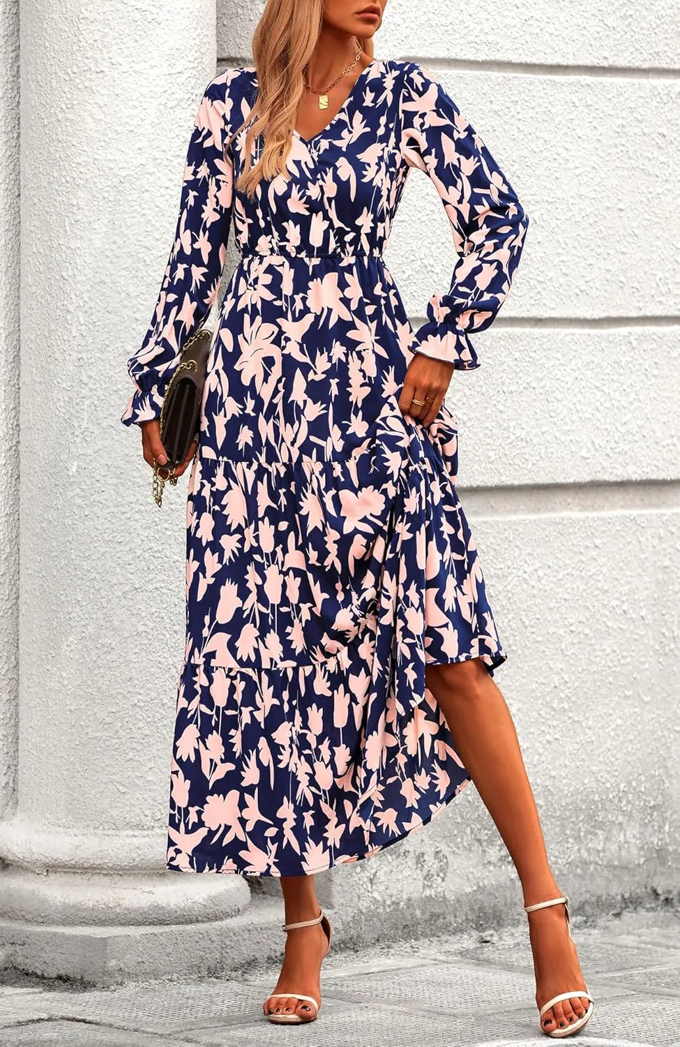 BTFBM Women Spring Dresses 2025 Casual Long Sleeve V Neck Maxi Dresses Floral Boho Long Dress Wedding Guest Dress