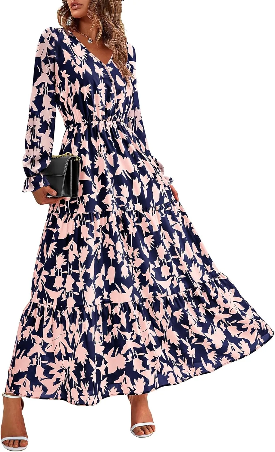 BTFBM Women Spring Dresses 2025 Casual Long Sleeve V Neck Maxi Dresses Floral Boho Long Dress Wedding Guest Dress