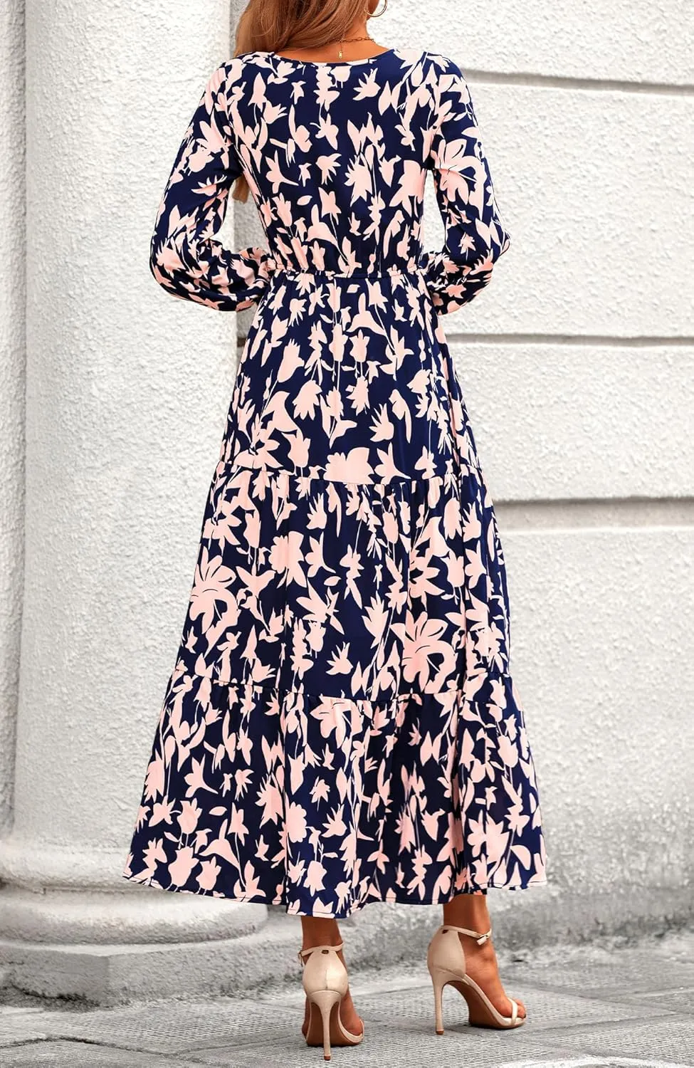 BTFBM Women Spring Dresses 2025 Casual Long Sleeve V Neck Maxi Dresses Floral Boho Long Dress Wedding Guest Dress