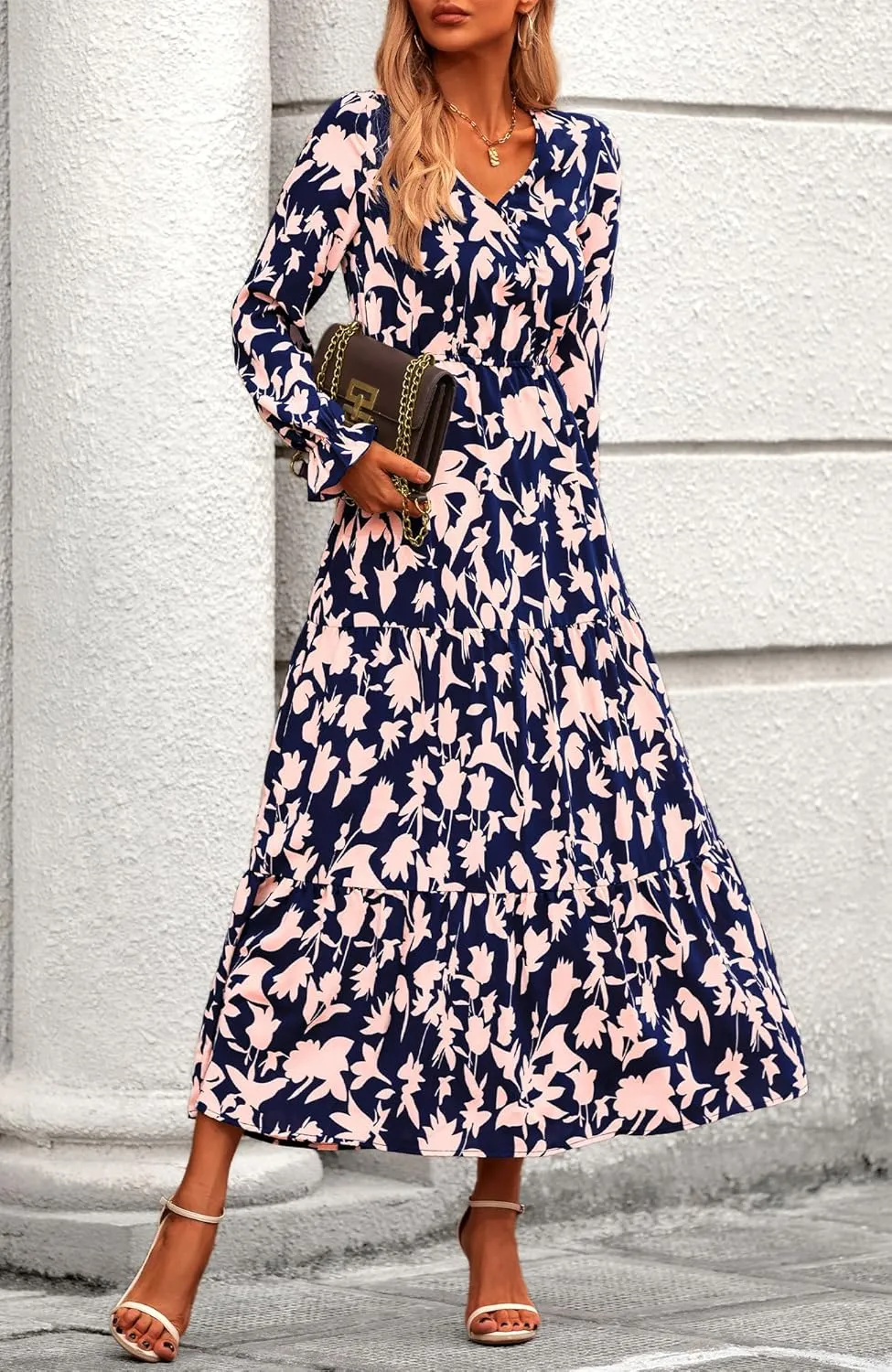 BTFBM Women Spring Dresses 2025 Casual Long Sleeve V Neck Maxi Dresses Floral Boho Long Dress Wedding Guest Dress