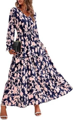 BTFBM Women Spring Dresses 2025 Casual Long Sleeve V Neck Maxi Dresses Floral Boho Long Dress Wedding Guest Dress