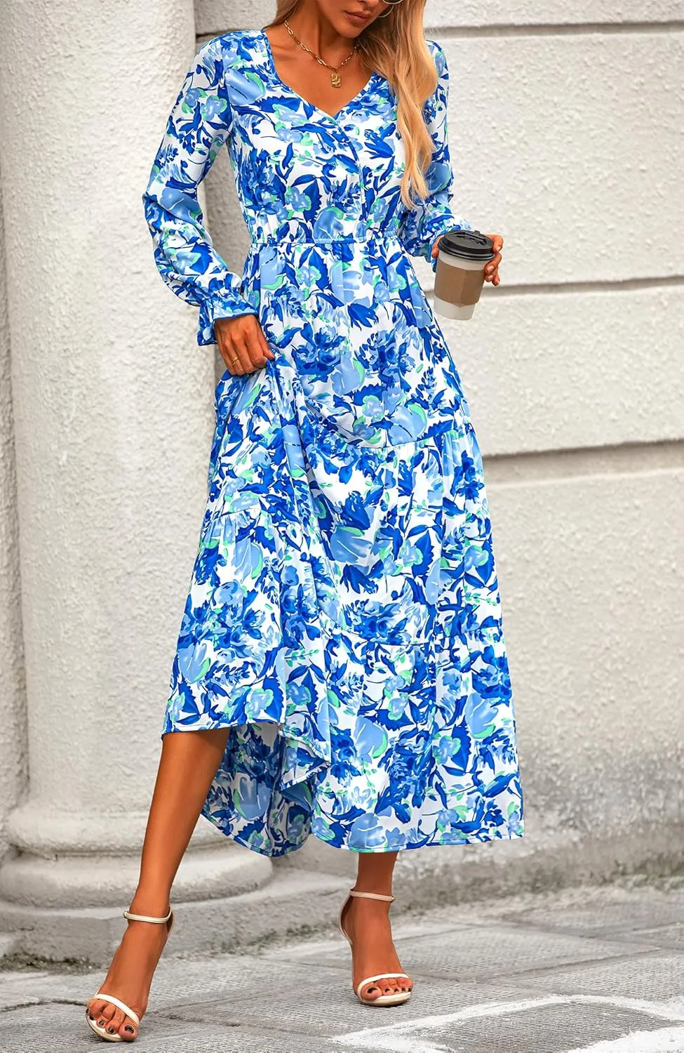 BTFBM Women Spring Dresses 2025 Casual Long Sleeve V Neck Maxi Dresses Floral Boho Long Dress Wedding Guest Dress