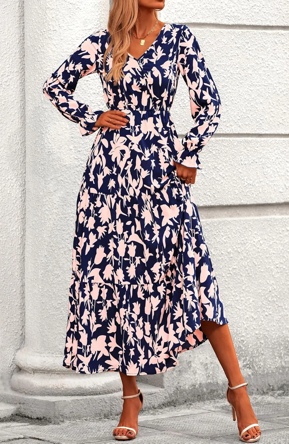 BTFBM Women Spring Dresses 2025 Casual Long Sleeve V Neck Maxi Dresses Floral Boho Long Dress Wedding Guest Dress