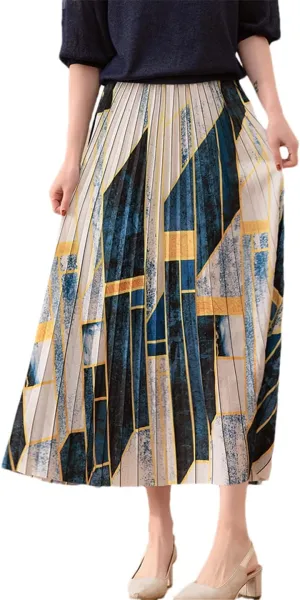 Butterfly Print Pleated Long Skirt Women Spring Summer A Line High Waist Midi Skirt