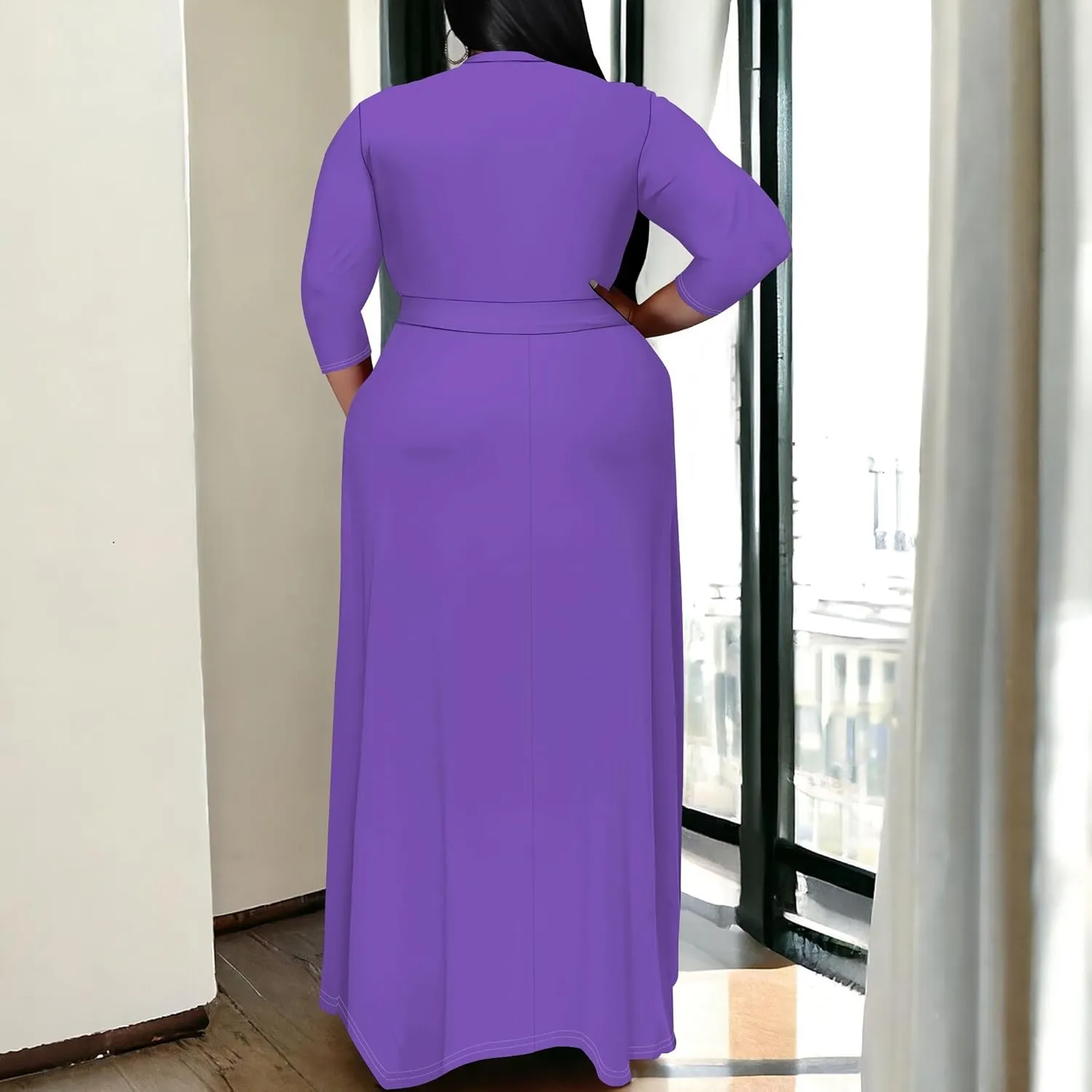 BXBY Women's 3/4 Sleeve A-line V Collar Flare Midi Long Dress Plus Size T Shirt Casual Dresses