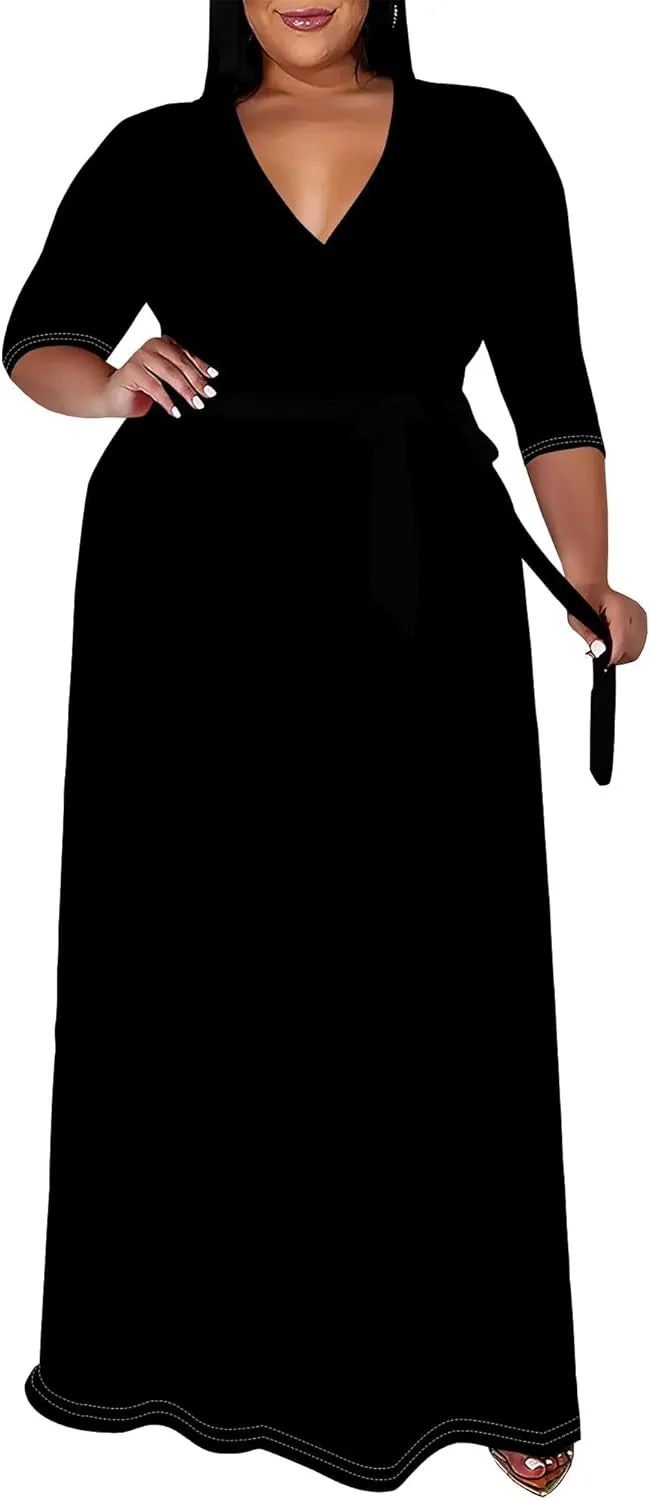 BXBY Women's 3/4 Sleeve A-line V Collar Flare Midi Long Dress Plus Size T Shirt Casual Dresses