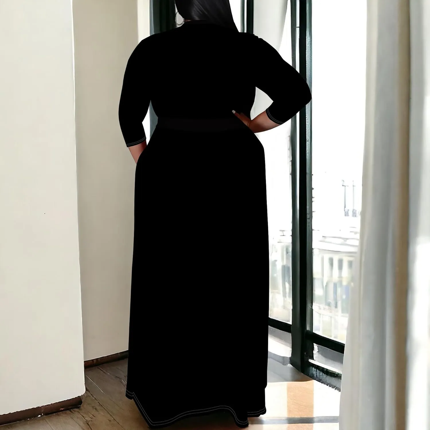 BXBY Women's 3/4 Sleeve A-line V Collar Flare Midi Long Dress Plus Size T Shirt Casual Dresses