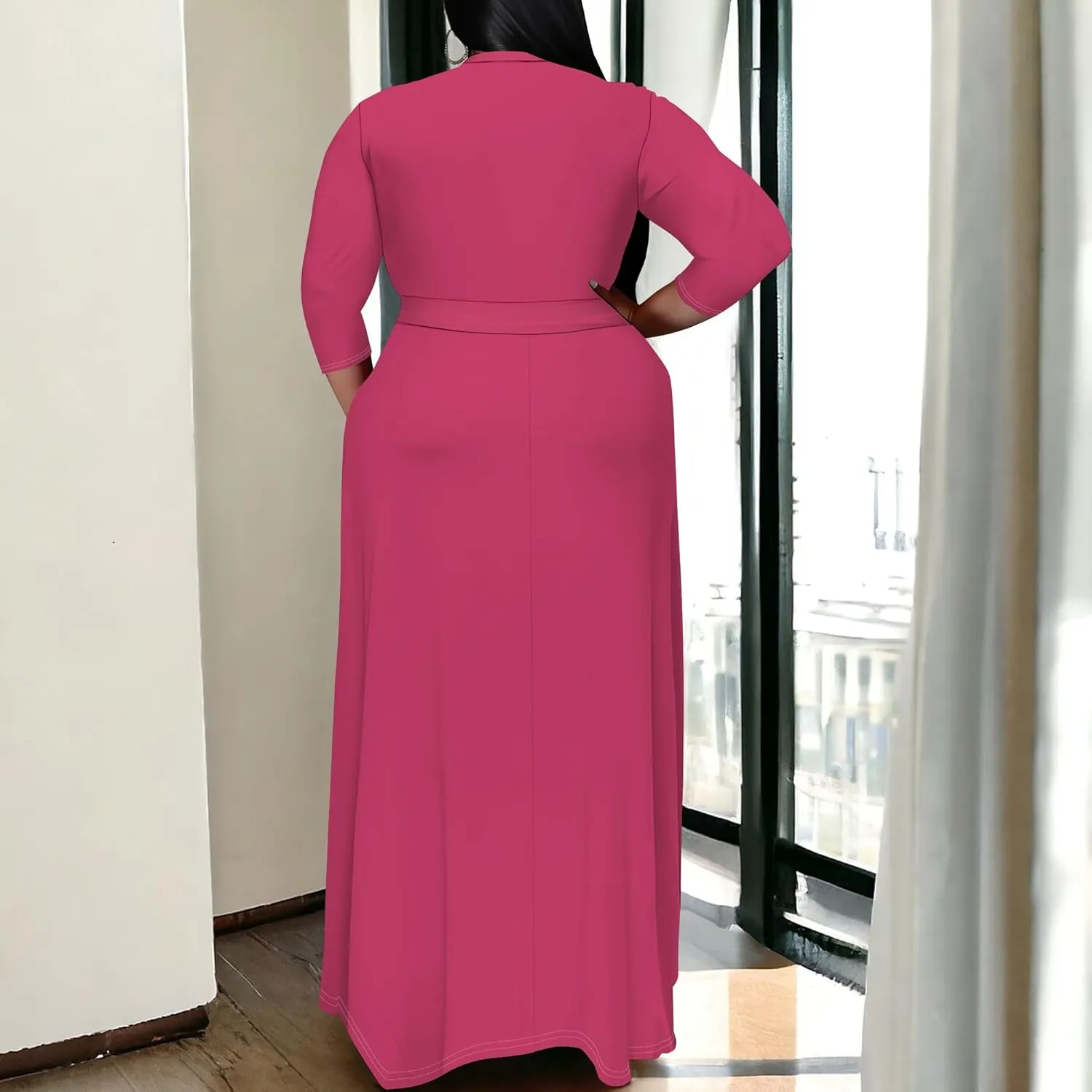 BXBY Women's 3/4 Sleeve A-line V Collar Flare Midi Long Dress Plus Size T Shirt Casual Dresses