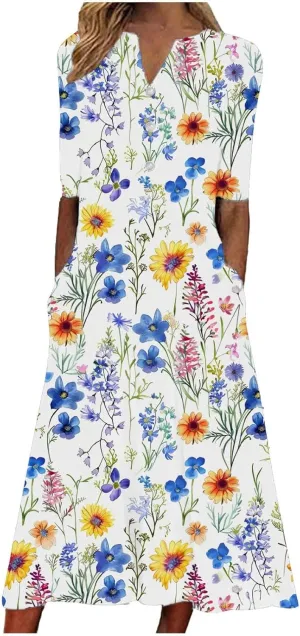 Casual Boho Dresses for Women 2025 Summer Retro Print Midi Tshirt Dress Loose Flowy Beach Long Dresses with Pockets