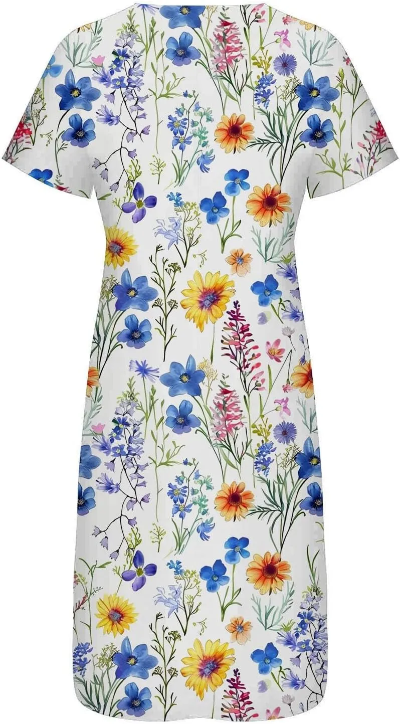 Casual Boho Dresses for Women 2025 Summer Retro Print Midi Tshirt Dress Loose Flowy Beach Long Dresses with Pockets