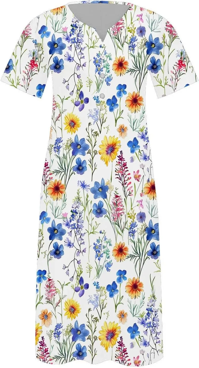 Casual Boho Dresses for Women 2025 Summer Retro Print Midi Tshirt Dress Loose Flowy Beach Long Dresses with Pockets