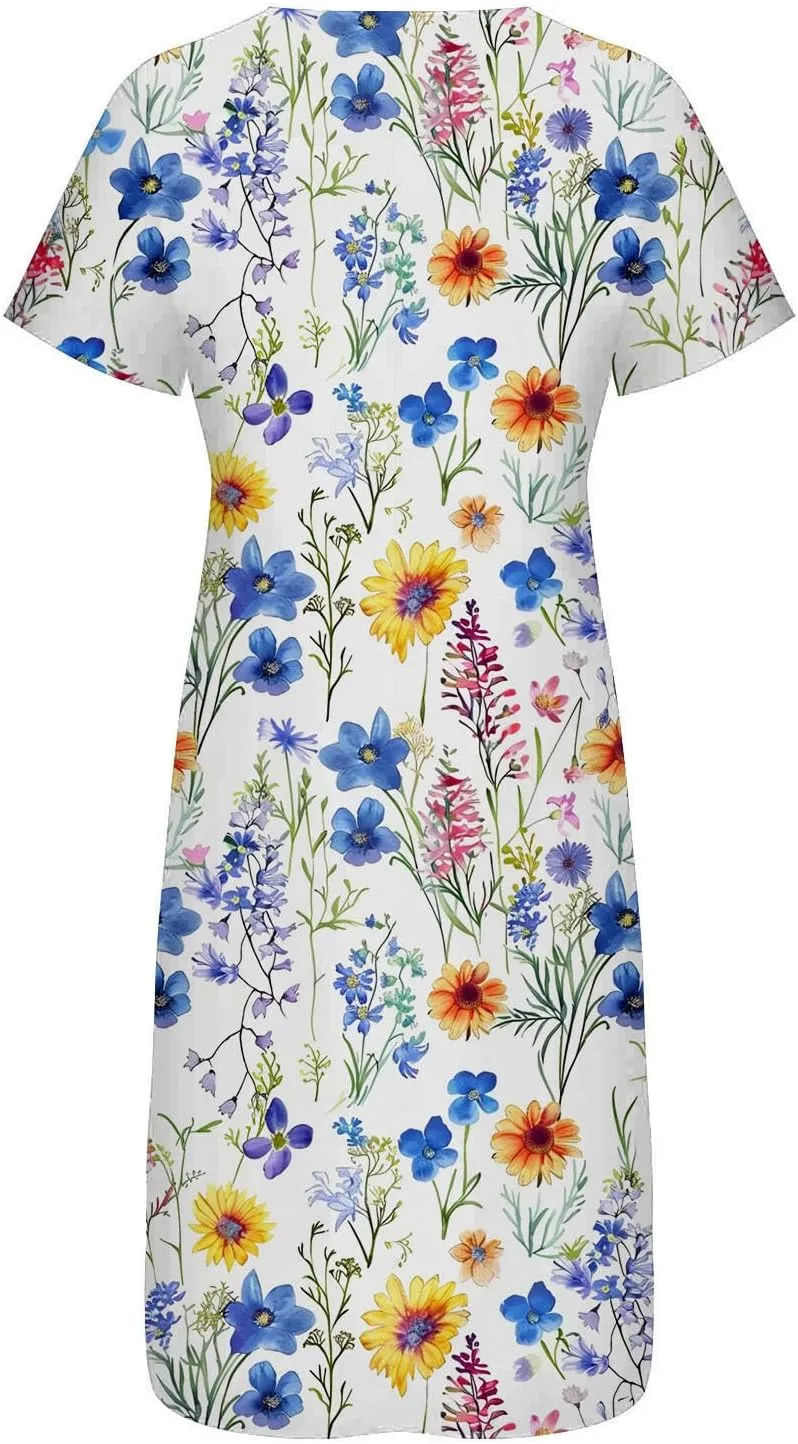 Casual Boho Dresses for Women 2025 Summer Retro Print Midi Tshirt Dress Loose Flowy Beach Long Dresses with Pockets