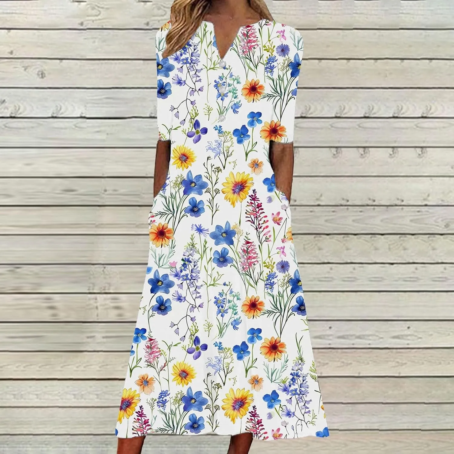 Casual Boho Dresses for Women 2025 Summer Retro Print Midi Tshirt Dress Loose Flowy Beach Long Dresses with Pockets