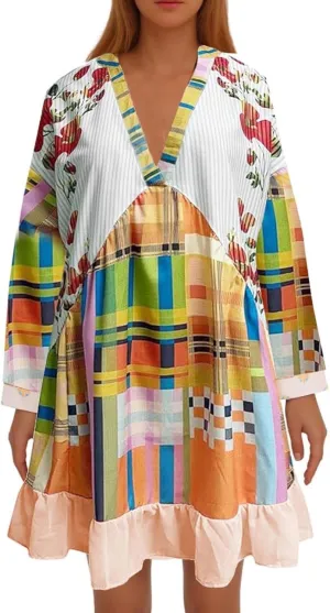 Casual Dresses for Women Long Sleeve Dress for Women Boho Floral Pleated A-Line Swing Flowy Ruffle Mini Dress