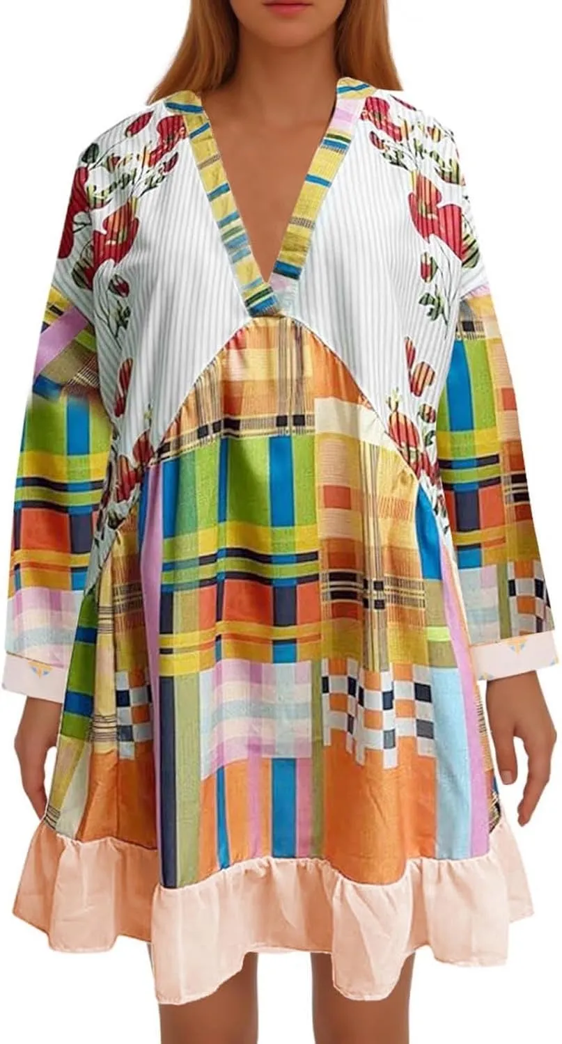Casual Dresses for Women Long Sleeve Dress for Women Boho Floral Pleated A-Line Swing Flowy Ruffle Mini Dress