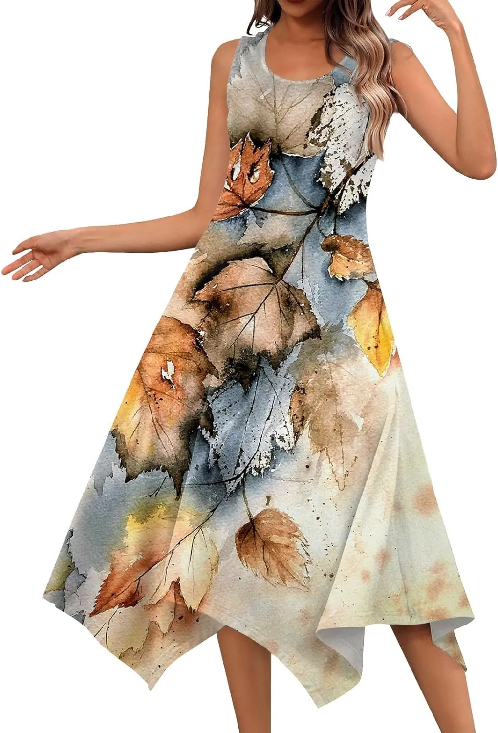 Casual Summer Dresses for Women 2024 Vacation Sleeveless Sundress Midi Loose Hankerchief Hem Beach Dress Tank Dress