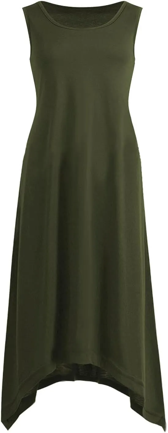 Casual Summer Women Dress Sleeveless Sundress Hankerchief Hem Midi Tank Dresses Ruffle A-Line Beach Dress