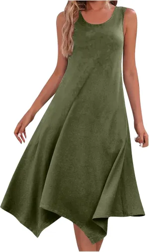Casual Summer Women Dress Sleeveless Sundress Hankerchief Hem Midi Tank Dresses Ruffle A-Line Beach Dress