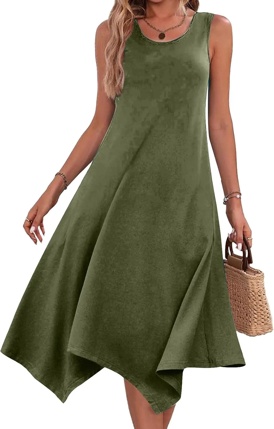 Casual Summer Women Dress Sleeveless Sundress Hankerchief Hem Midi Tank Dresses Ruffle A-Line Beach Dress