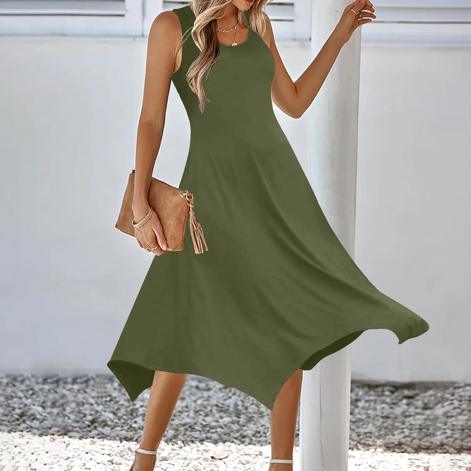 Casual Summer Women Dress Sleeveless Sundress Hankerchief Hem Midi Tank Dresses Ruffle A-Line Beach Dress